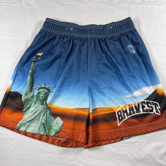 Bravest Studios Mesh Shorts Statue of Liberty Graphic Blue Orange Men’s L - Picture 1 of 7